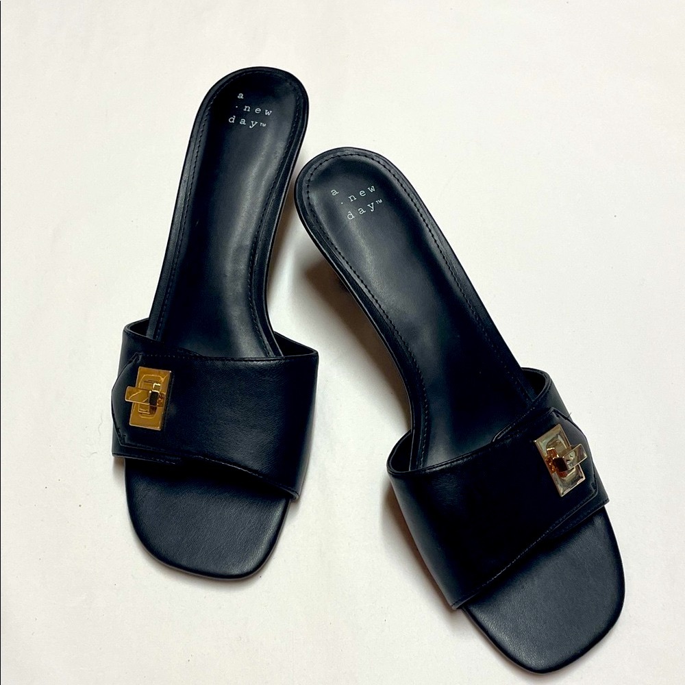 A New Day Black Kitten Heels with Gold Accent